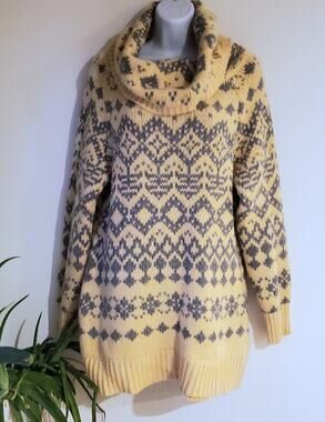 Ruff Hewn Button Yellow Fair Isle Gray Cowl Neck Sweater Womens Size Large Boho